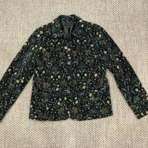 Lands’ End Velour Blazer Jacket Womens Size Large Green Floral Pockets